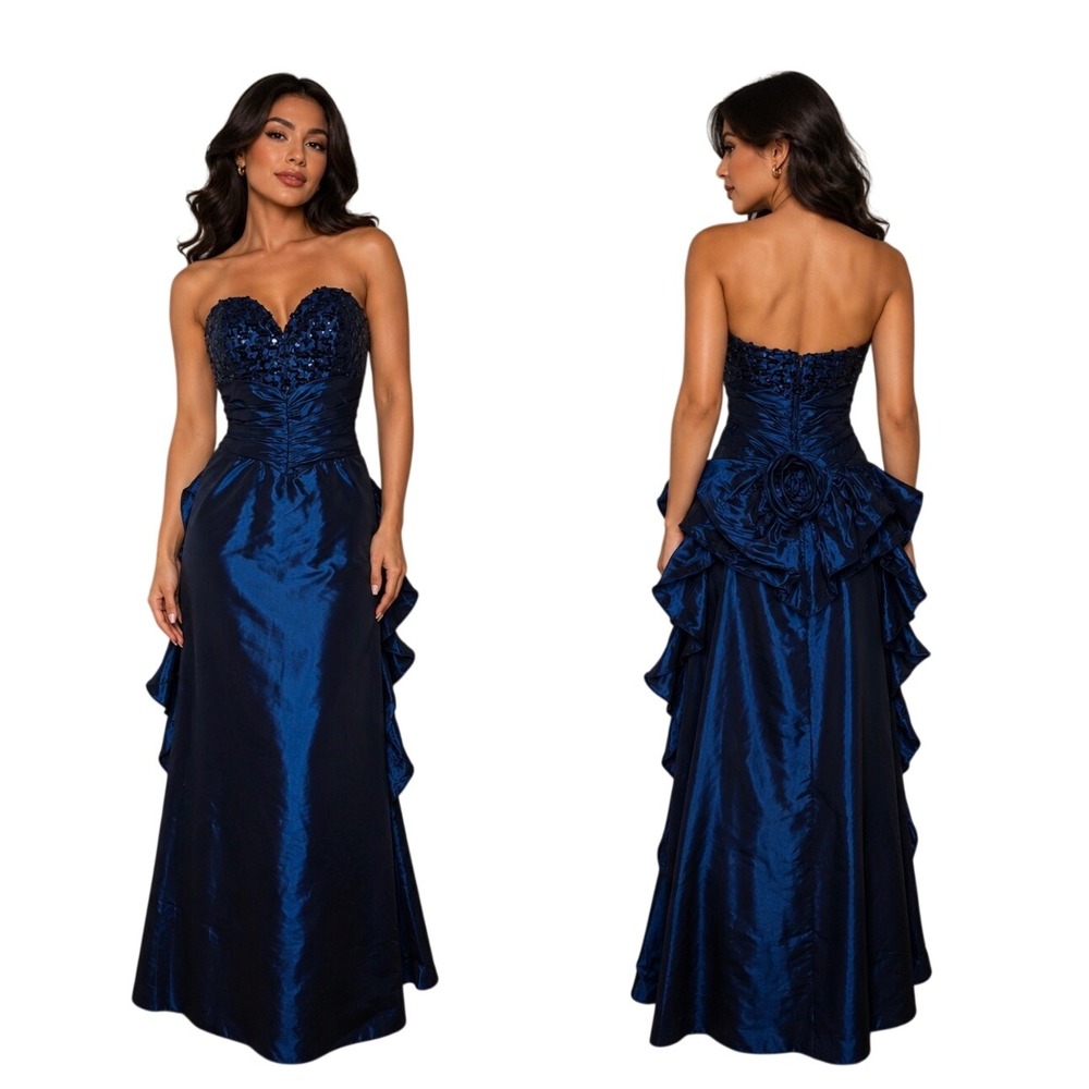 VTG 80s Flirtations Alfred Angelo Navy Blue Sequin Bustle Gown Dress ILGWU SZ 4